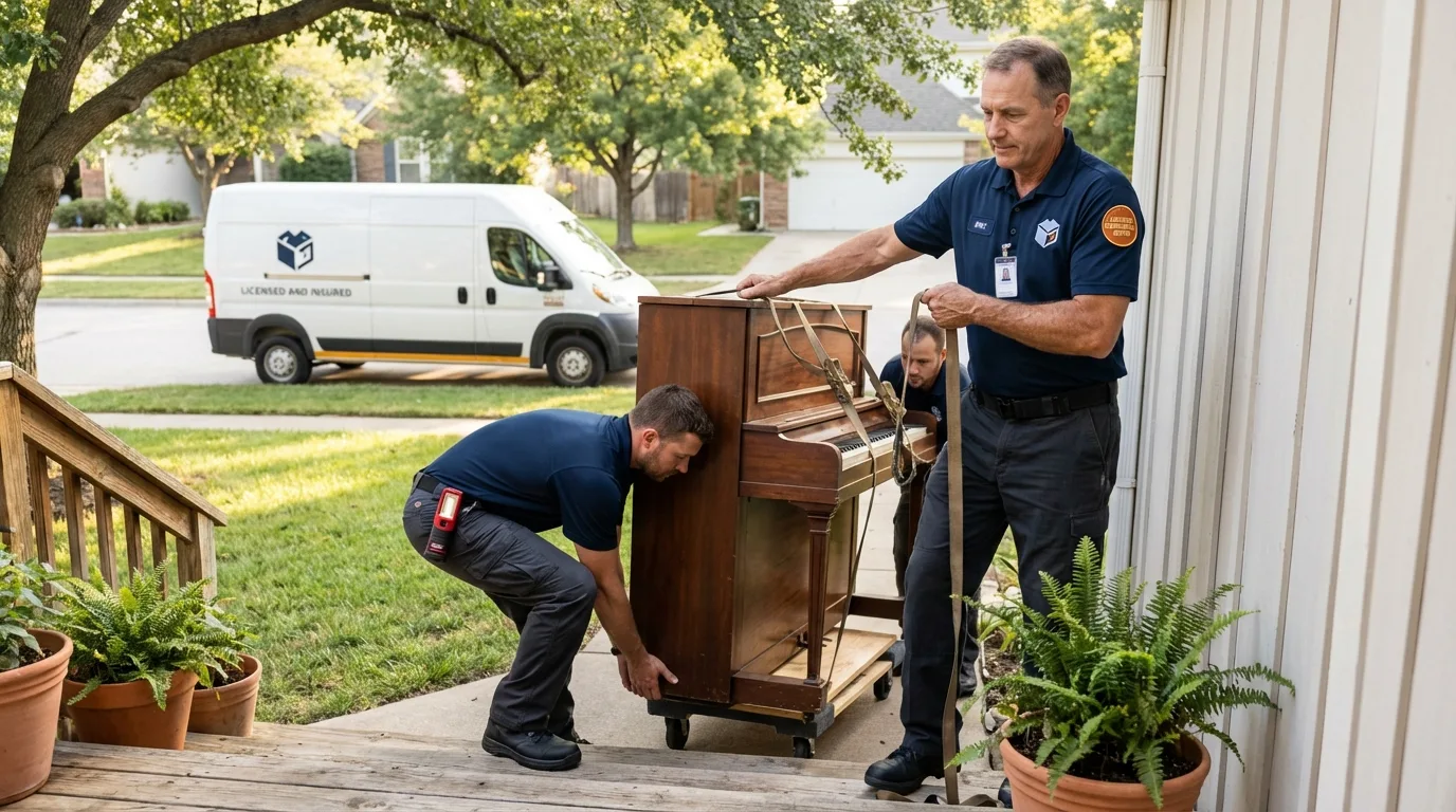 Licensed piano movers securing grand piano in Hortonville, WI