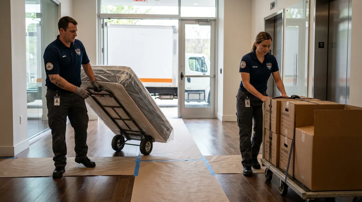 Professional apartment movers loading elevator in Hortonville, WI