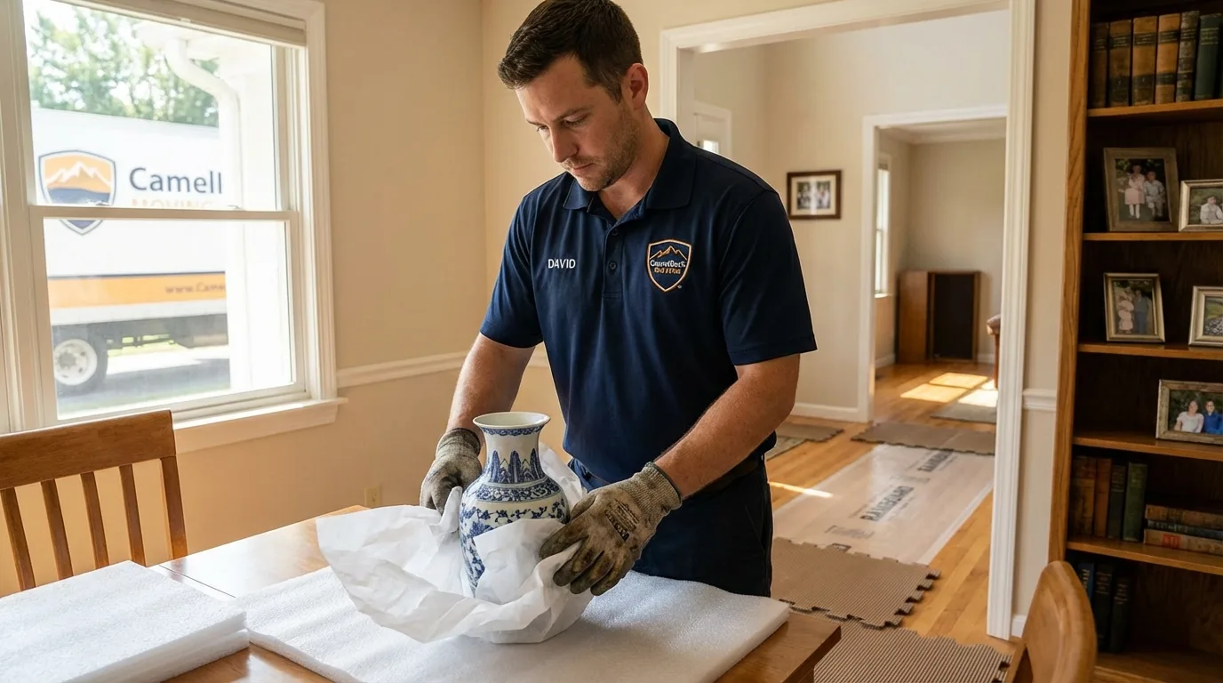 Professional crew carefully wrapping antique vase for senior downsizing move in Hortonville, WI