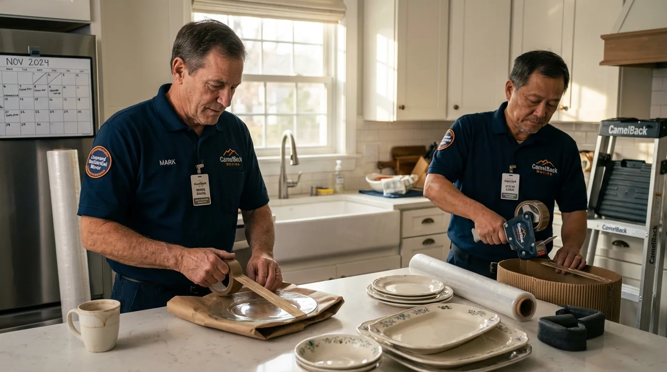 Professional crew packing kitchen dishware in Hortonville, WI